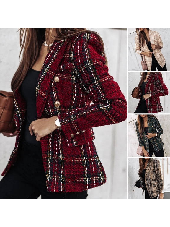 Women Blazer Double-breasted Plaid Print Lapel Long Sleeves Thick Warm Cardigan Formal Business Winter Coat Female Clothes