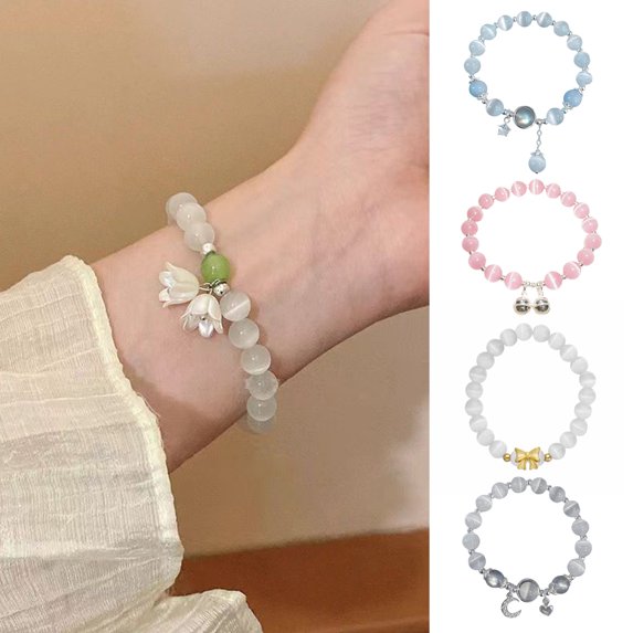 Joernso Women Bracelet Faux Opal Butterfly Pendant Rhinestone Bow Moon Bell Decor Moonstone Bangle Adjustable Length Birthday Gift Wrist Jewelry