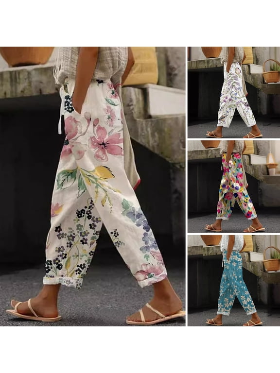 Women Casual Pants Elastic Waist Drawstring Harem Pants Digital Floral Print Beach Office Shopping Daily Long Trousers