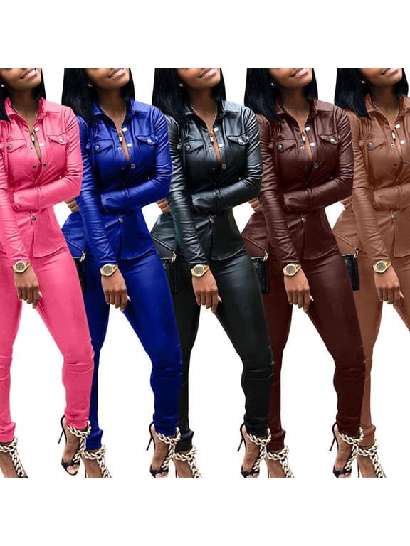 Women Casual Solid Color Faux Leather Turn Down Collar Shirt Pants Two-piece Set
