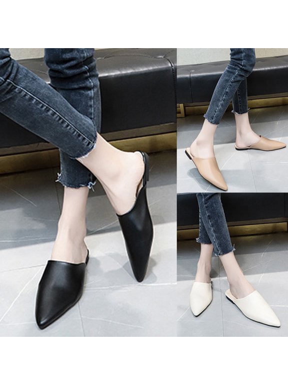 Women Closed Pointed Toe Flat Heel Slides Slippers Faux Leather Mules Shoes