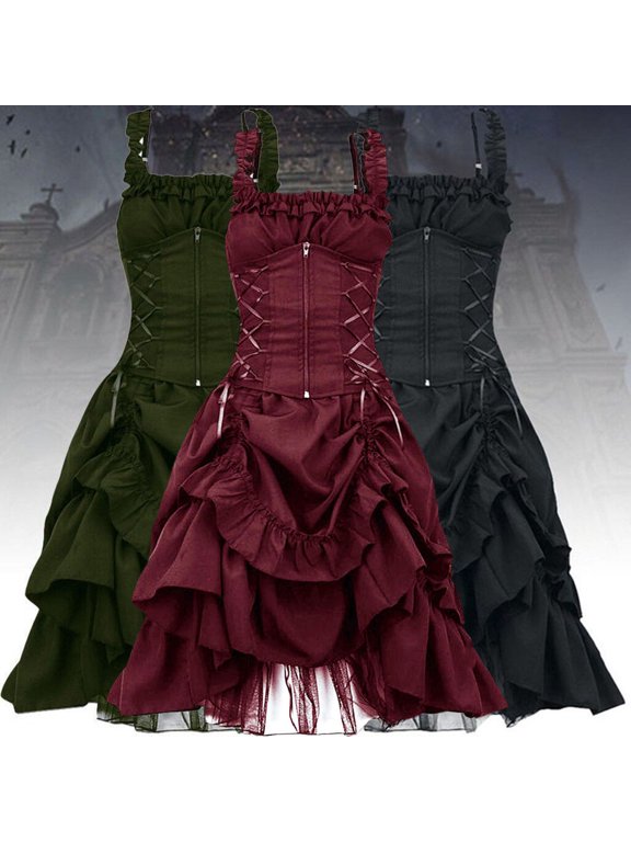 Women Cosplay Dress Gothic Style Witch Layered Ruffle Hem Mesh Halloween Party Costume Lace-up Strap Collarless Zipper Sleeveless A-line Performance Dress