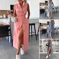 thumbnail image 1 of Joernso Women Denim Shirt Dress Summer Sleeveless Button Down Maxi Dress with Belt Lapel V Neck Long Jean Dress with Pockets, 1 of 8