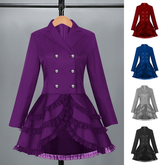 Joernso Women Double Breasted Victorian Steampunk Blazer Coat Gothic Tuxedo Tailcoat Jacket with Lace Hem Halloween Wedding Uniform Costume
