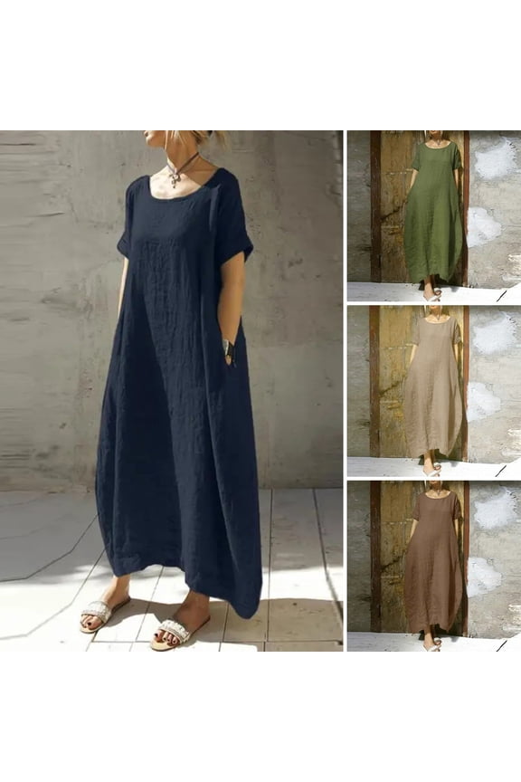 Women Dress A-line O Neck Oversized Solid Color Short Sleeves Soft Plus Size Pockets Breathable Ankle Length Big Swing Casual Daily Summer Maxi Dress