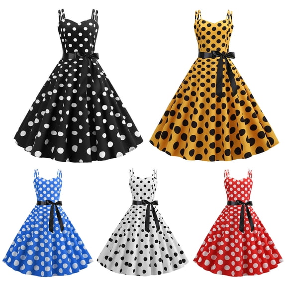 Joernso Women Dress Retro A-line Big Swing Tight High Waist Bow Decor Sleeveless V Neck Back Zipper Dot Print Contrast Color Party Wedding Prom Ball Gown Summer Midi Dress