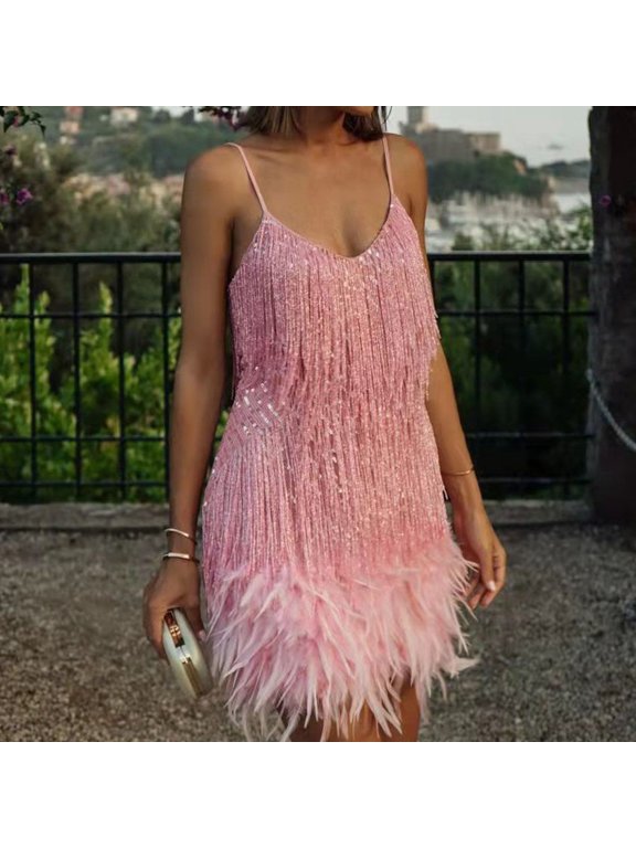Women Dress Tassel Sequin V Neck Sleeveless Backless Feather Decor Loose Rumba Cha-cha Dance Costume Mini Club Party Dress