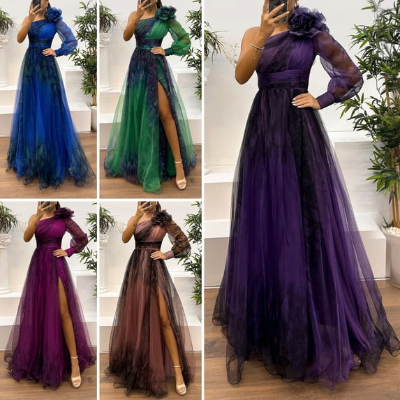 Joernso Women Evening Dress 3D Flower Decor One Shoulder Pleated Pleated Mesh Banquet Dress Single Long Sleeve Slim Waist A-line Floor Length Slit Hem Ball Gown