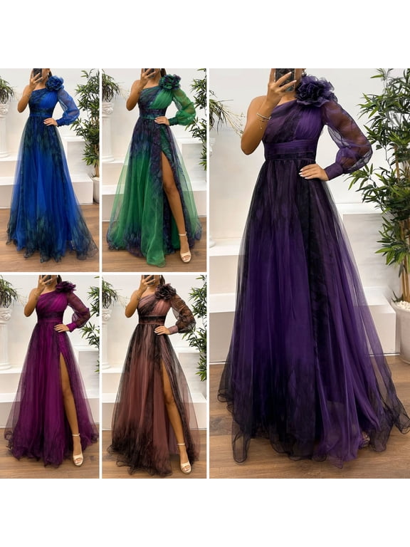 Women Evening Dress 3D Flower Decor One Shoulder Pleated Pleated Mesh Banquet Dress Single Long Sleeve Slim Waist A-line Floor Length Slit Hem Ball Gown