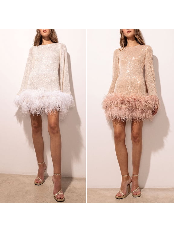 Women Evening Dress Slim Waist Sequin Feather Hem Backless Long Sleeves O Neck Short Dress Prom Party Wedding Mini Dress