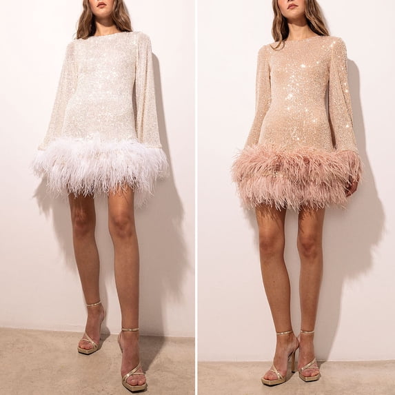 Joernso Women Evening Dress Slim Waist Sequin Feather Hem Backless Long Sleeves O Neck Short Dress Prom Party Wedding Mini Dress