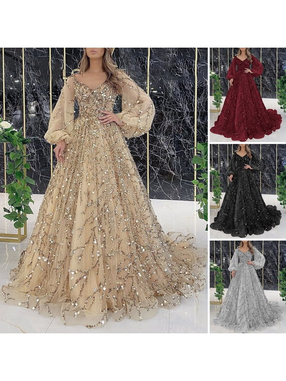 Women Evening Dress V Neck Lantern Sleeve Shiny Sequin Beading Padded A-line Floor Length Mesh Double-layered Cocktail Party Dress Formal Prom Gown