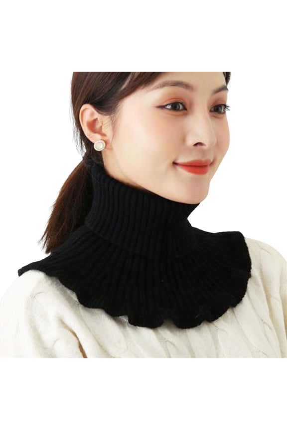 Women Fake Scarf High Collar Ribbed Texture Ruffle Trim Solid Color Knitting Collar Autumn Winter Thickened Warm False Collar
