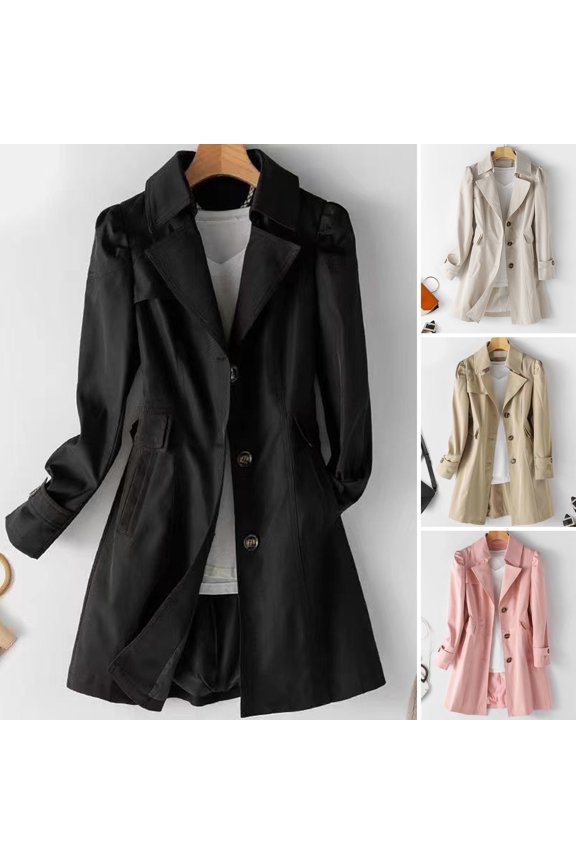 Women Fall Spring Coat Slim Fit Single-breasted Solid Color Turn-down Collar Pockets Mid Length Korean Style Overcoat Outdoor Jacket