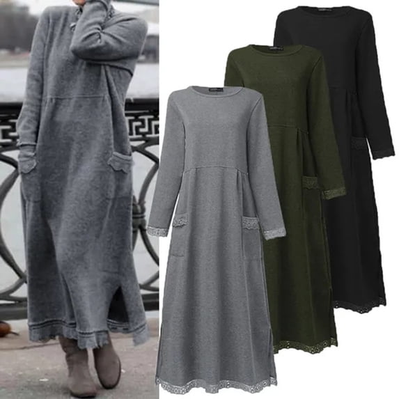 Joernso Women Fall Spring Dress with Pockets Loose Long Sleeves Slit Hem Pure Color Plus Size Knitted Lace Trim Daily Wear Maxi Dress