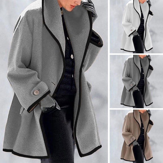 Joernso Women Fall Winter Jacket Loose Color Matching Lapel Long Sleeve Contrast Color Mid Length Pockets Cardigan Thick Warm Lady Streetwear Coat