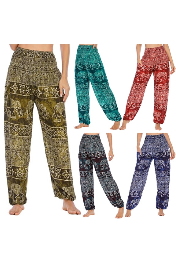 Women Harem Yoga Pants with Pockets Wide Elastic Waist Thai Elephant Print Wide-Leg Trousers Vacation Work Bloomers