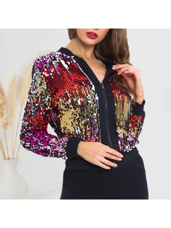 Women Jacket Shiny Sequin Zipper Closure V Neck Long Sleeve Gradient Color Cardigan Soft Club Performance Party Lady Short Coat