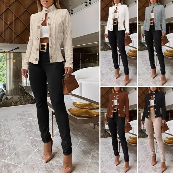 Joernso Women Jacket Slim Fit Stand Collar Long Sleeves Metal Buttons Jacquard Pure Color Outerwear Solid Color OL Commuting Dates Coat