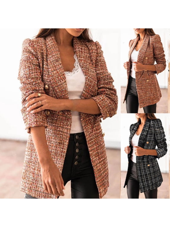 Women Jacket Tailored Collar Plaid Double-breasted Casual Slim Women Blazer for Office