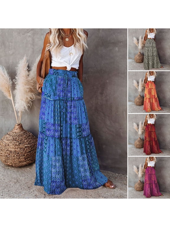 Women Maxi Skirt Elastic Drawstring High Waist Loose Big Hem A-line Patchwork Pleated Vintage Boho Ethnic Print Vacation Skirt