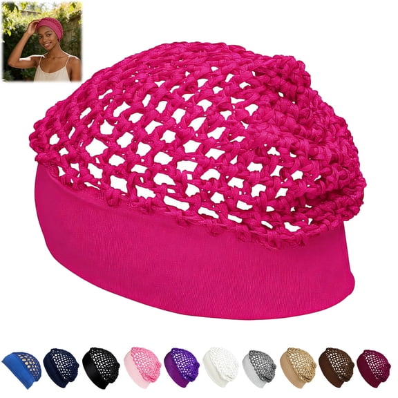 Joernso Women Mesh Crochet Hairnet, Wide Elastic Band, Breathable Knit Snood Hat, Non-slip Turban Liner Cap, Hair Wrap for Sleeping