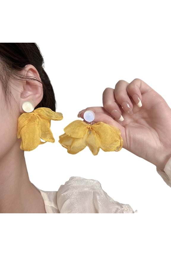 Women Mesh Petal Drop Earrings Handmade Large Chiffon Floral Dangle Earrings Vintage Stud Earrings for Vacation Wedding