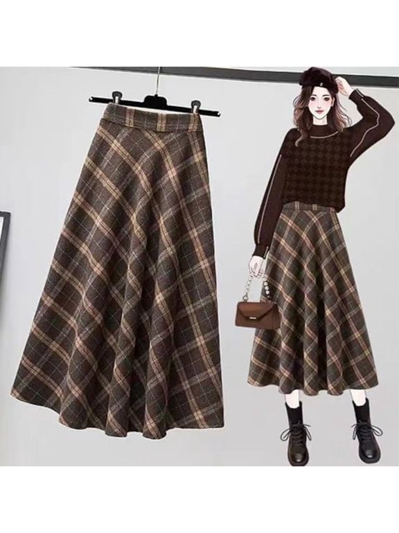 Women Midi Skirt Elastic High Waist Plaid Print Skater Skirt A-Line Large Hem Casual Skirt Commuting Streetwear