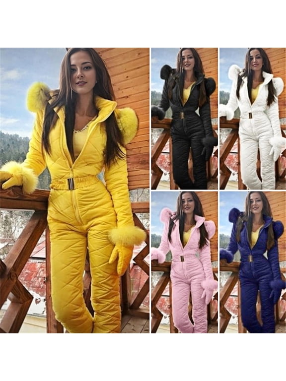 Women One-Piece Ski Suit Ladies Warm Winter Jumpsuit Waterproof Windproof Snowsuit with Furry Hood for Skiing Mountaineering Snowboard