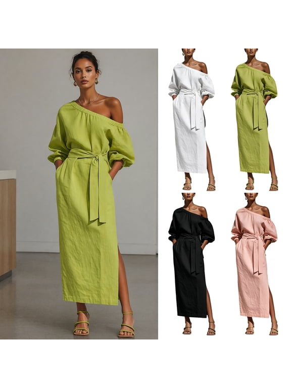 Women One Shoulder Long Dress, Solid Color Tie Waist Side Split Dress, Casual Party Long Sleeve Maxi Dress for Summer