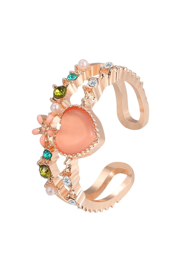 Women Open Ring Adjustable Pink Rhinestone Flower Fruit Heart Shape Hollow Out Polished Party Dating Knuckle Ring Finger Jewelry