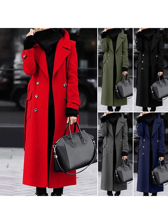 Women Overcoat Double-breasted Turn-down Collar Cardigan Mid-calf Length Long Sleeves Jacket with Pockets Slim Fit OL Commuting Formal Coat