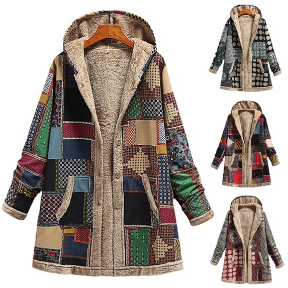 Joernso Women Overcoat Keep Warm Hooded Polyester Ethnic Pattern Winter Coat for Daily Wear