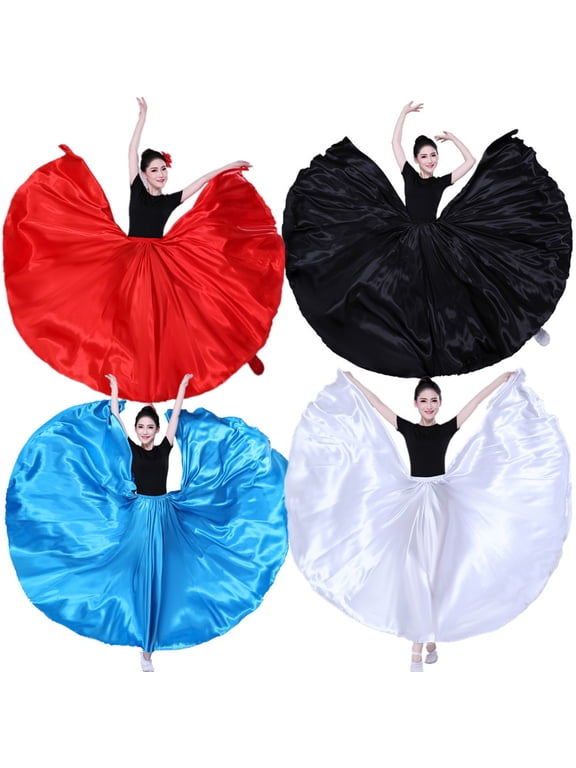Women Performance Skirt High Elastic Waist Solid Color Pleated Super Big Hem Satin Long Spanish Skirt Swing Dancing Skirt Belly Dance Skirt