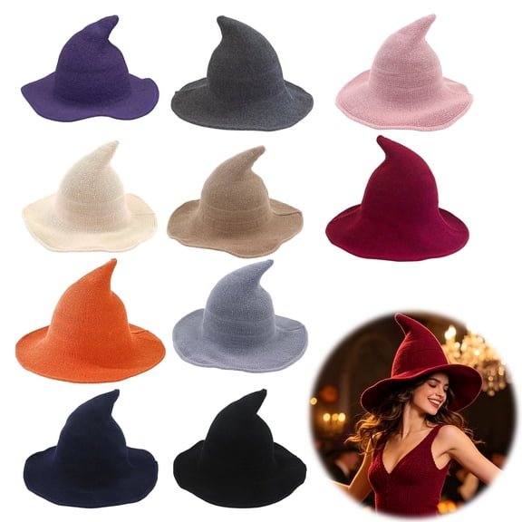 Joernso Women Pointed Witch Hat, Foldable Wide Brim Knitted Cap, Halloween Cosplay Hat for Autumn Winter, Themed Party Costume Accessory