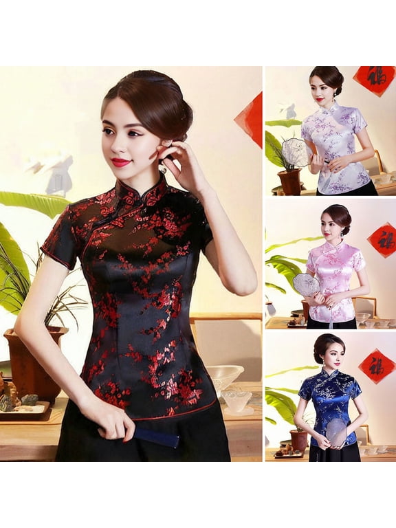 Women Retro Qipao Tops Stand Collar Short Sleeve Floral Print Traditional Chinese Tops New Year Cheongsam Tops Women Clothes