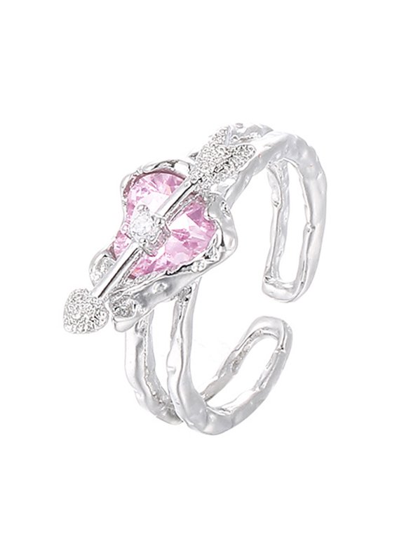 Women Ring Double Layer Adjustable Open Design Eye-catching All-match Jewelry Gift Pink Faux Crystal Ladies An Arrow Through A Heart Finger Ring Fashion Accessories for Dating