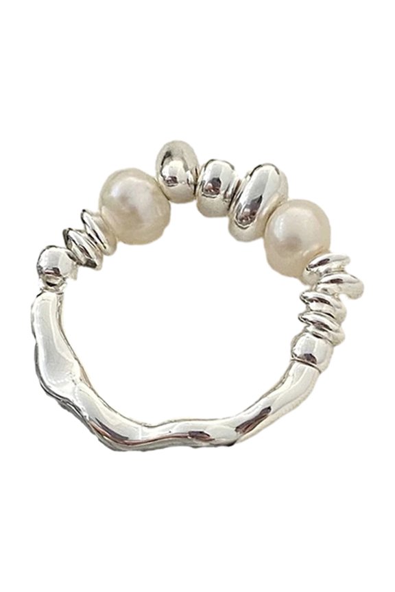 Women Ring Imitation Pearl Decor Irregular Shape Beads Handmade Ring Adjustable Opening Design Finger Ring
