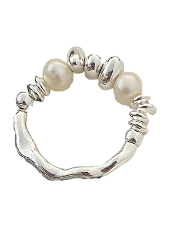Women Ring Imitation Pearl Decor Irregular Shape Beads Handmade Ring Adjustable Opening Design Finger Ring