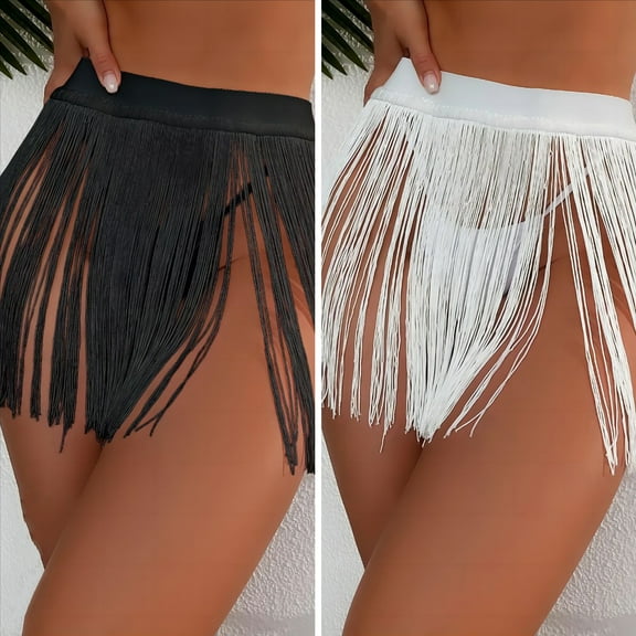 Joernso Women Sexy Beach Skirt High Waist Tassels Skirt Summer Solid Color Fringe Mini Skirt Party Costume Clubwear