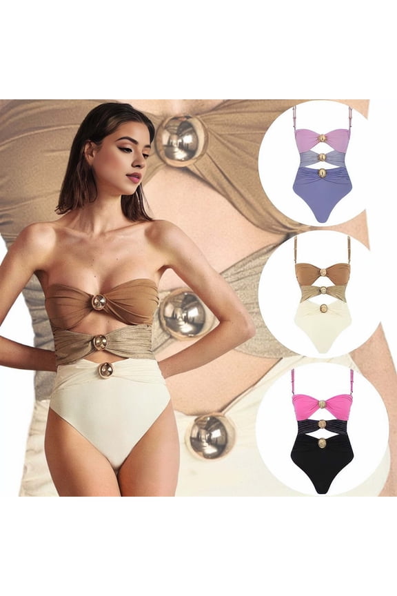 Women Sexy Monokini Sling Sleeveless Hollow Out One-piece Swimsuit Metal Button Decor Patchwork Color High Waisted Bathing Suit