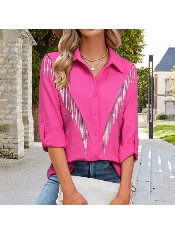 Women Shirt Lapel Long Sleeve Buttons Placket Shirt with Rhinestones Tassel Solid Color Loose Fit Casual Shirt