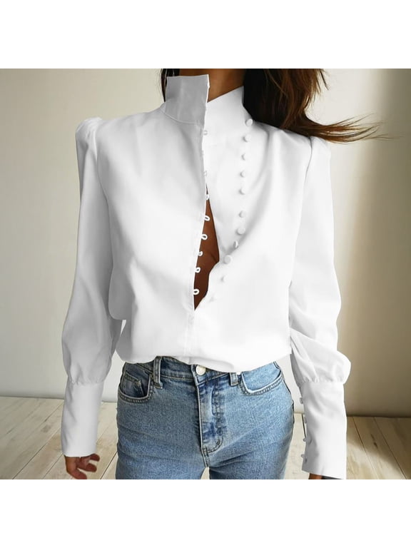 Women Shirt Long Sleeve Stand-Up Collar Regular Fit Casual Shirt Buttons Half Placket Pure Color Office Lady Tops