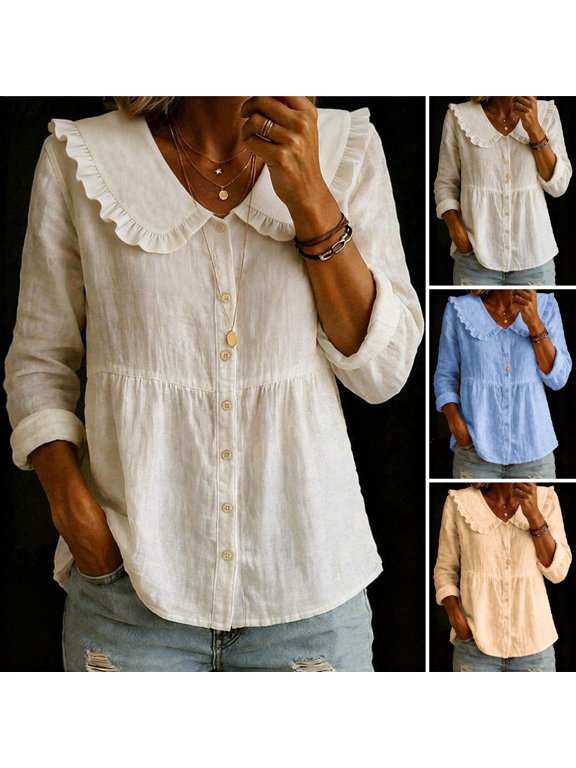 Women Shirt Ruffled Large Lapel Long Sleeve Buttons Placket Shirt Tops Pure Color Loose Fit Mid-Length Hem Casual Tops