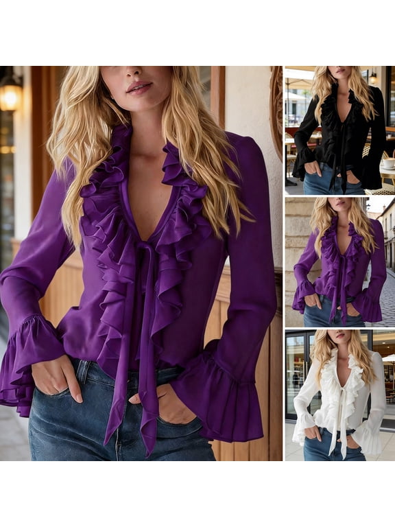 Women Shirt V-neck Ruffle Trim Flared Long Sleeve Casual Tops Pure Color Office Lady Chiffon Shirt Work Wear