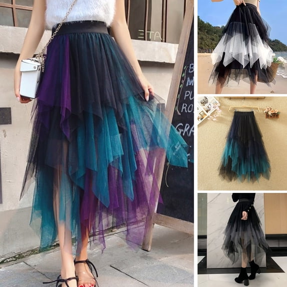Joernso Women Skirt High Elastic Waist Irregular Colorful Mesh Multi-layered Soft Mid-calf Length Pleated Lady Midi Skirt
