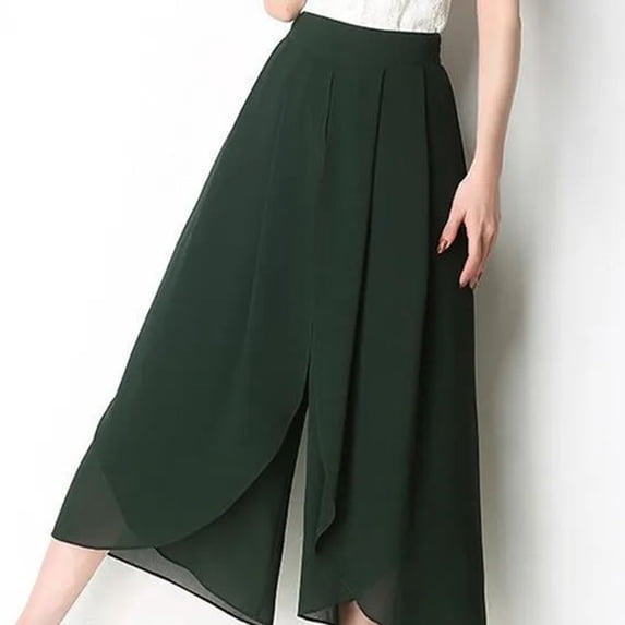 Joernso Women Skirt Pants See-through Chiffon Double Layers Split Hem High Elastic Waist Solid Color Loose Wide Leg Mid-calf Length Cropped Pants