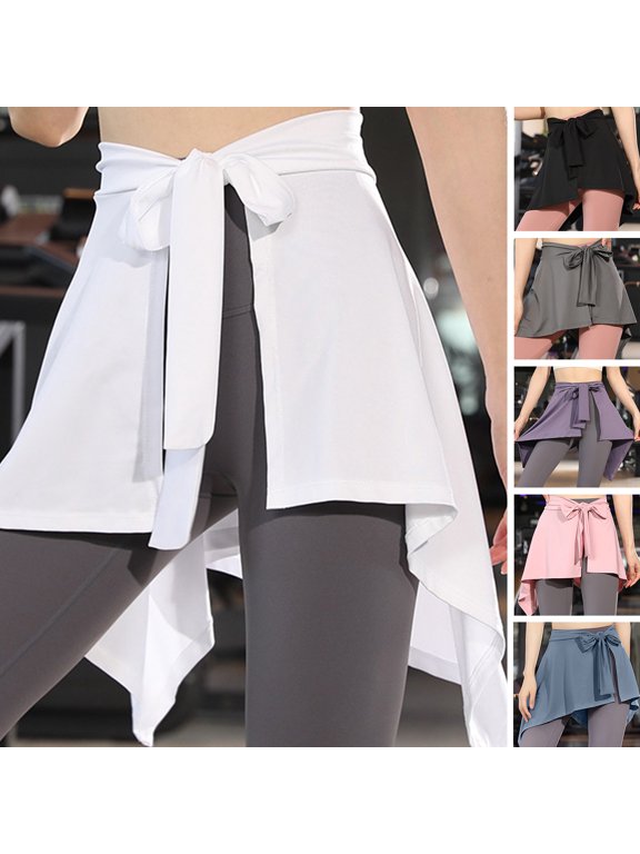 Women Solid Color Yoga Skirt Irregular Hem Lace-up Long Straps Tennis Ballet Skirt Hip Covering Bottoms Dance Leggings Skirt