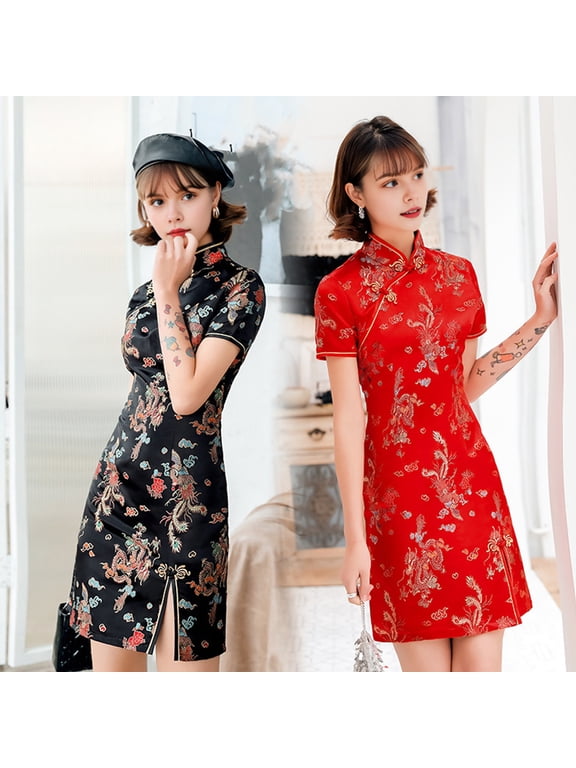 Women Summer Cheongsam Stand Collar Dragon Phoenix Print Split Hem Qipao Slim Fit Retro Chinese Style Above Knee Length Wedding Party Cocktail Dress