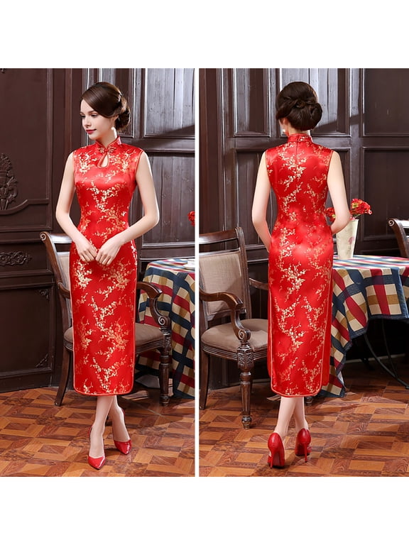 Women Summer Cheongsam Stand Collar Floral Print Hollow Out Split Hem Sleeveless Qipao Slim Fit Retro Chinese Style Mid-calf Length Wedding Party Cocktail Dress